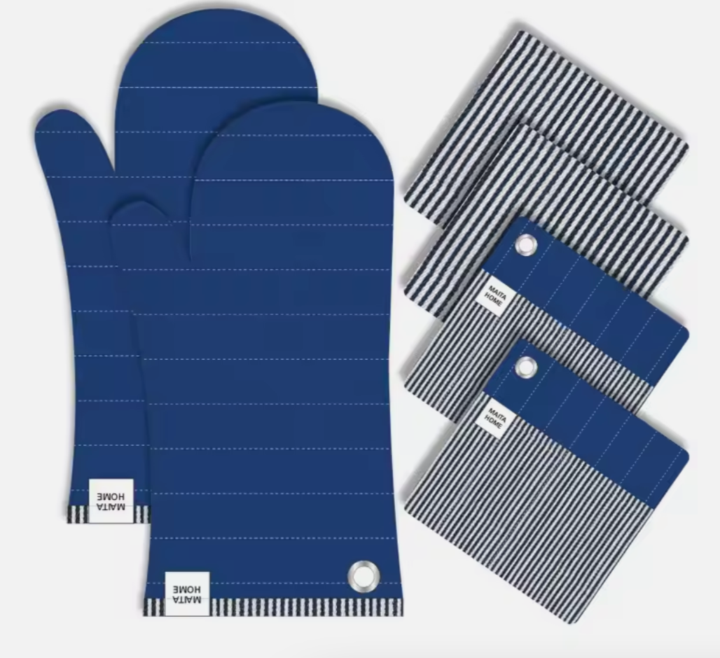 Andus Blue Silicone Oven Mitt & Pot Holder Set