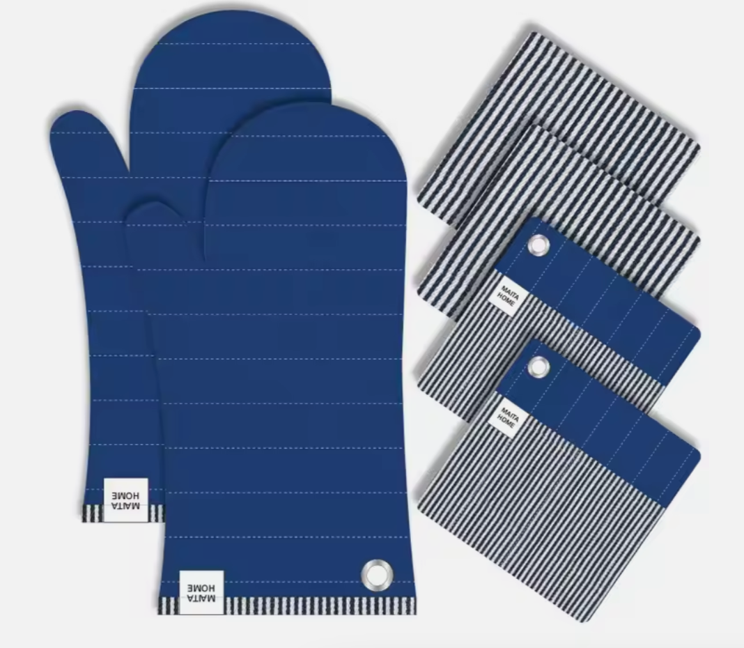 Andus Blue Silicone Oven Mitt & Pot Holder Set