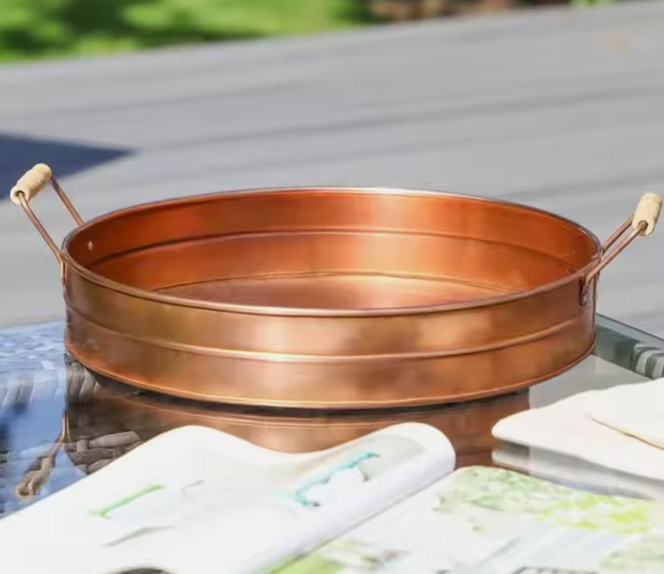 Andus Copper Finished Galvanized Round Serving Tray Rustic Metal Storage Tray