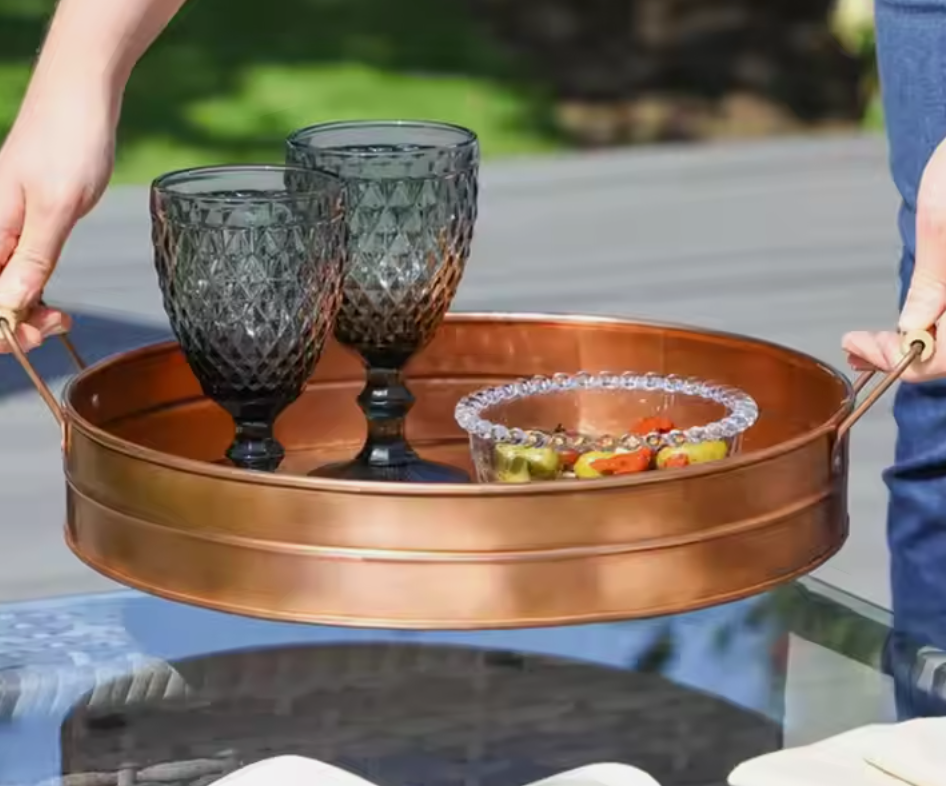 Andus Copper Finished Galvanized Round Serving Tray Rustic Metal Storage Tray