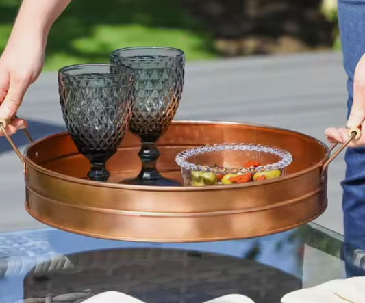 Andus Copper Finished Galvanized Round Serving Tray Rustic Metal Storage Tray