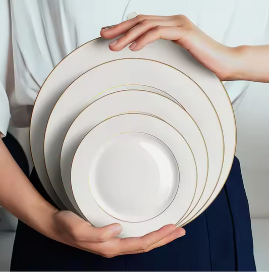 Andus Fine Bone China White Dinner Table Plates with Gold Trim